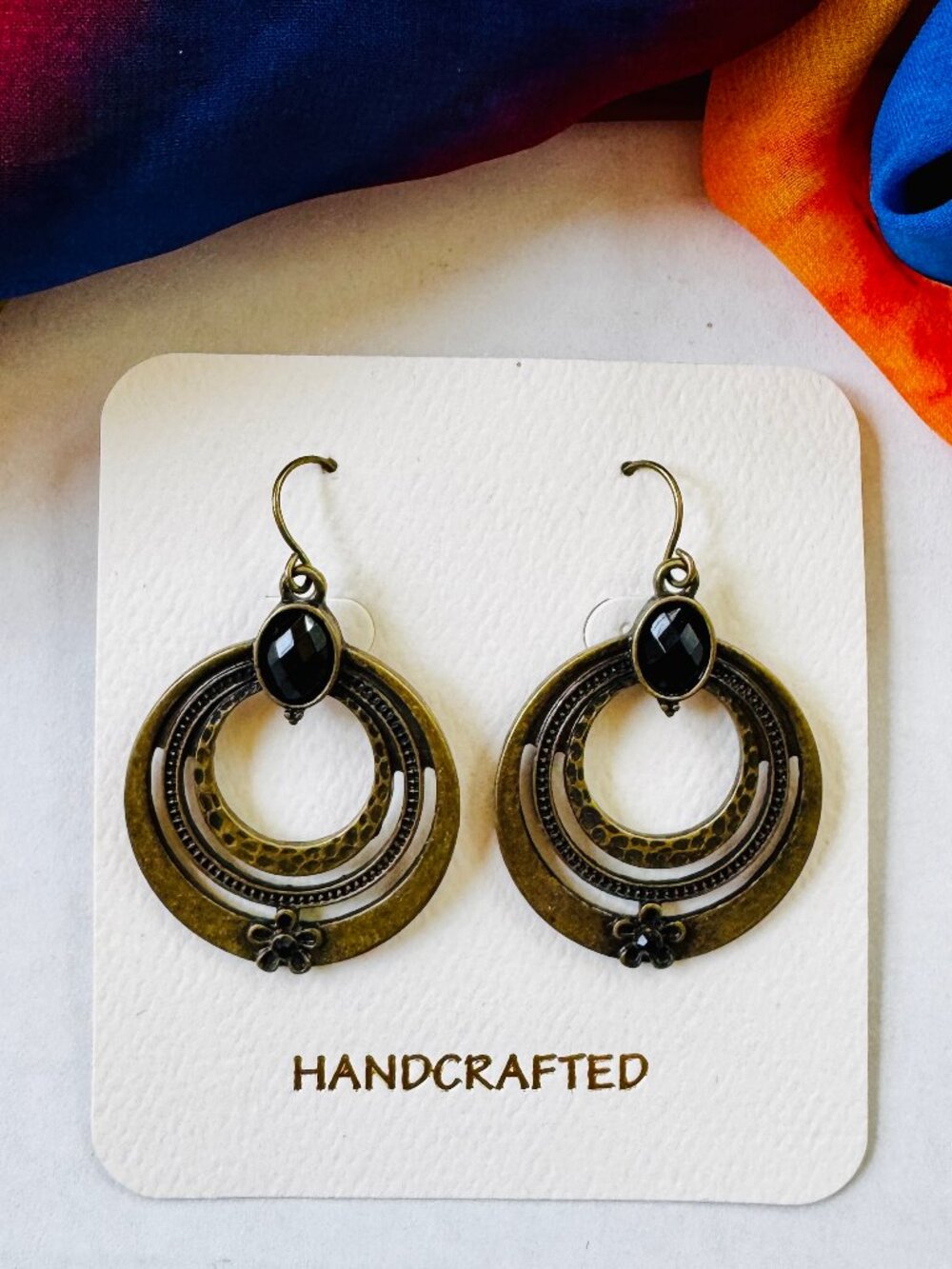Handcrafted Oval Bronze Earrings with Black Stone - NEW